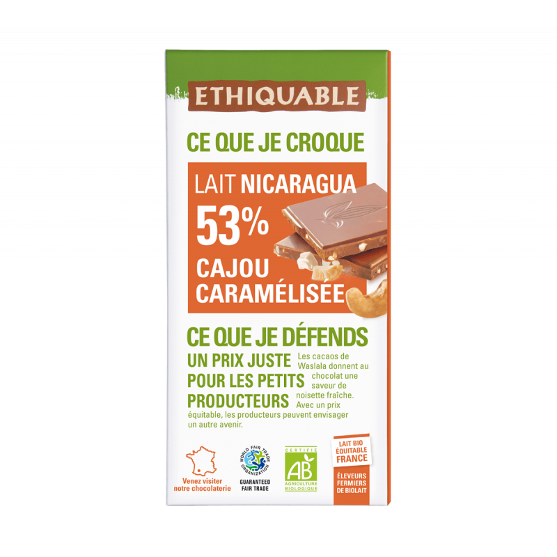 Chocolat lait 53% cajou caramélisé (Ethiquable) 100g